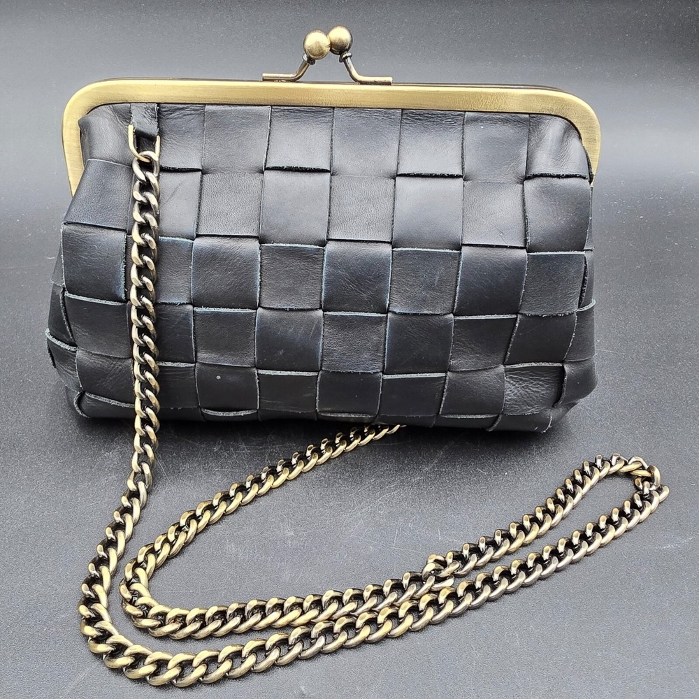 MARGOT New York Black Leather Woven Purse Chain Strap Vintage Style